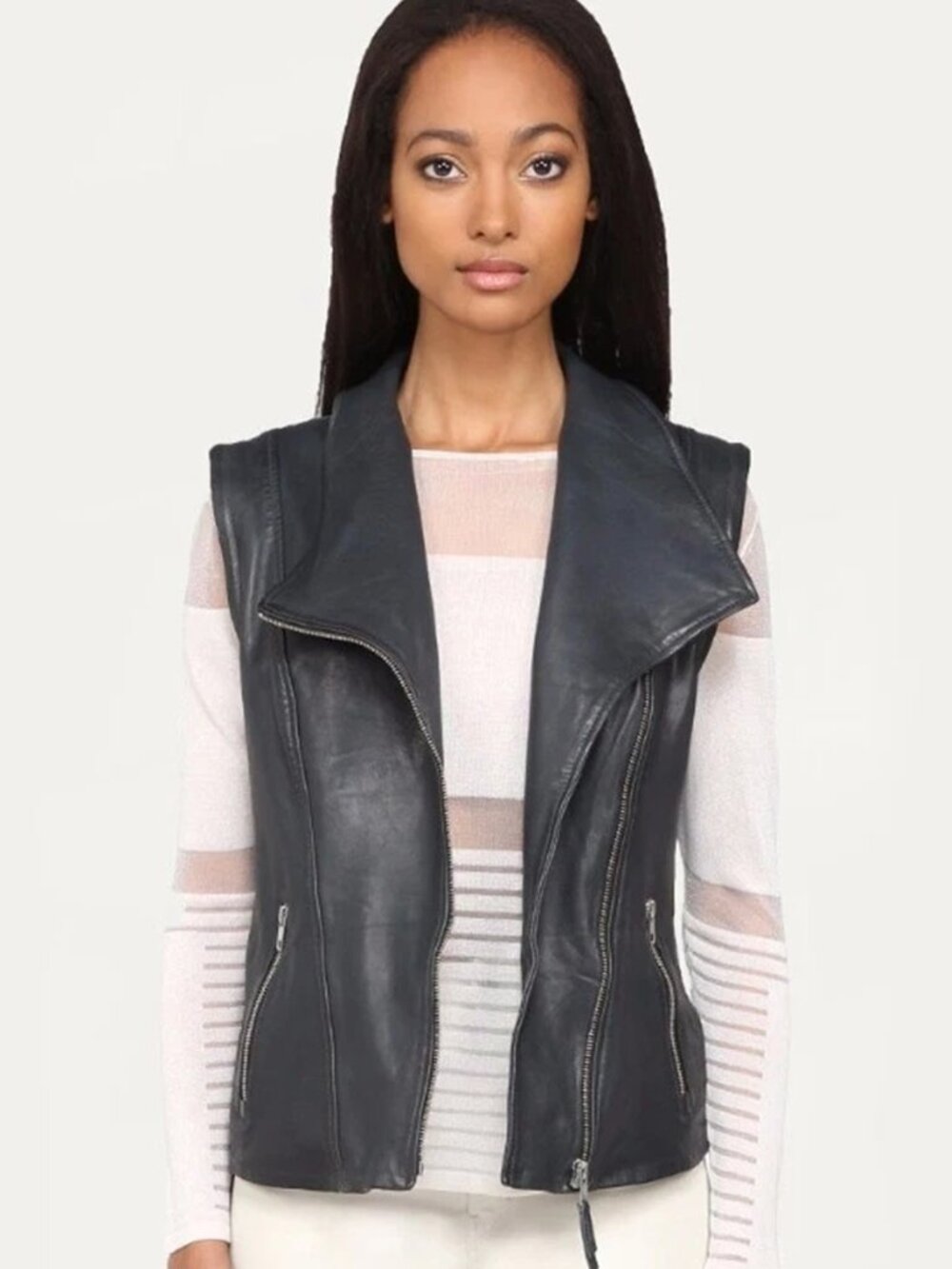 $595 SOIA & KYO Kamila Lambskin Jacket Detachable Sleeves VEST CHARCOAL GREY XS - Picture 3 of 7